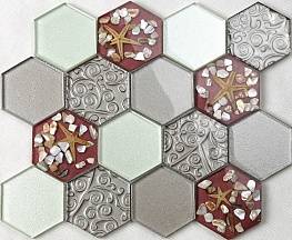 Стеклянная мозаика HLJ09 стена/шестиугольный стеклянный микс с ракушками 30х25