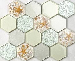 Стеклянная мозаика HLJ10 стена/шестиугольный стеклянный микс с ракушками 30х25